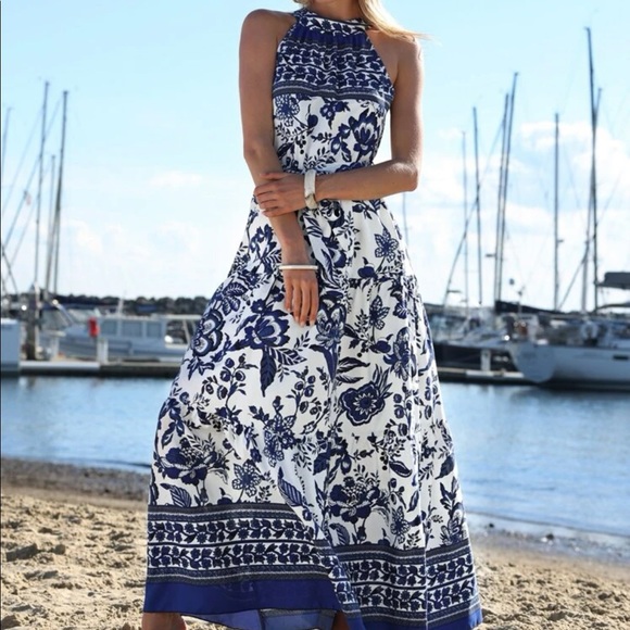 Boho Floral Print Belted Halter Maxi Dress - Picture 4 of 8